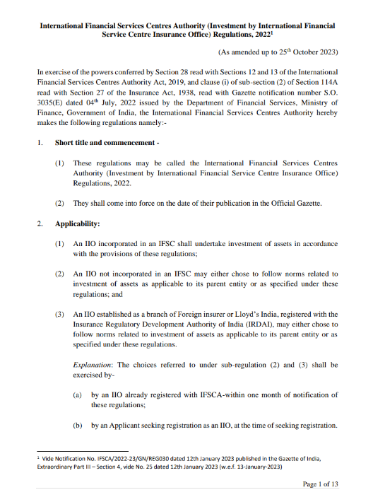 IFSCA Investment by International Financial Service Centre Insurance Office Regulations 2022