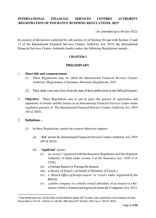 IFSCA Registration of Insurance Business Regulations 2021 (Amendment)